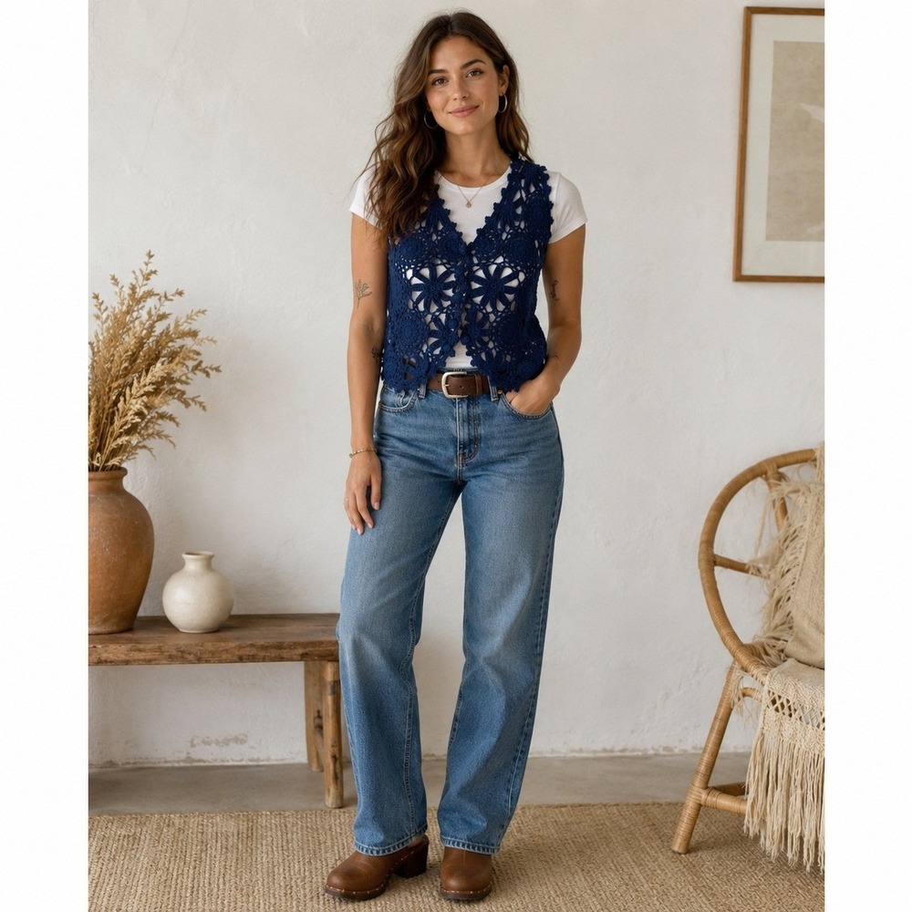 Vintage One Step Up Navy Crochet Vest One Size Hand Knit Floral Boho Y2K